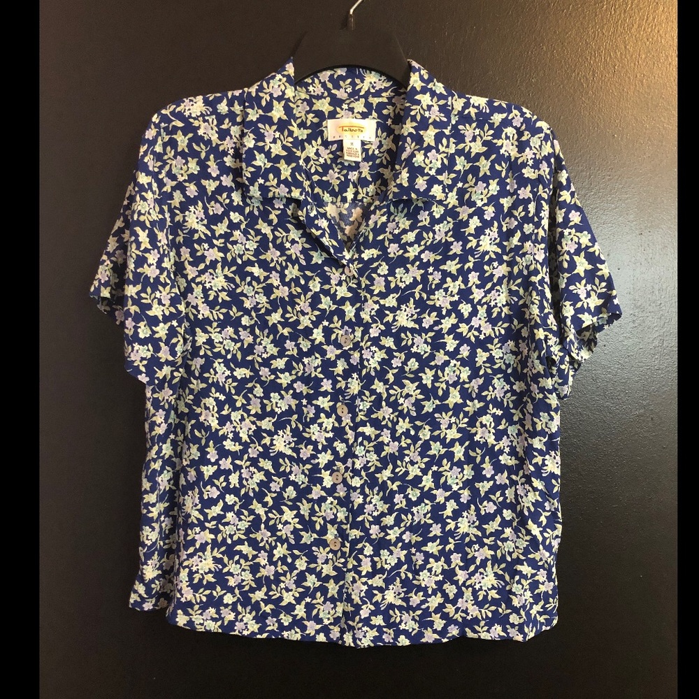 Vintage Talbots Navy Blue Floral Button-Front Short Sleeve Shirt